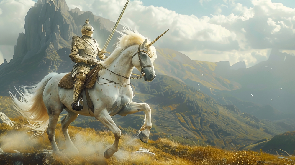 un chevalier sur une licorne dans un décor féérique